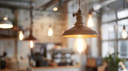 Vintage lamp hanging in white cafe shop