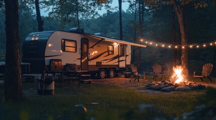 A travel trailer parked at a remote wilderness site, with a campfire and outdoor seating