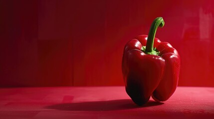 Vibrant dark red bell pepper and green stem on red background with vignette