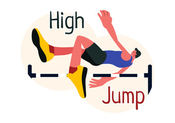 Vector Illustration of a Male Athlete Performing a High Jump, Combining Speed and Technique to Soar Over the Bar in a Flat Style Cartoon Background