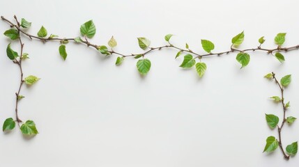 Twig and fresh leaf border on white backdrop