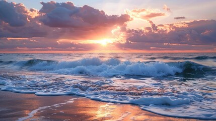 Obraz premium Sunrise at the seashore with gentle waves