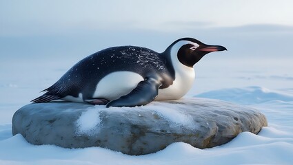 Fototapeta premium This beautiful wildlife photograph captures the serene moment of a penguin taking a rest on a snow-covered rock amidst a peaceful and icy landscape.