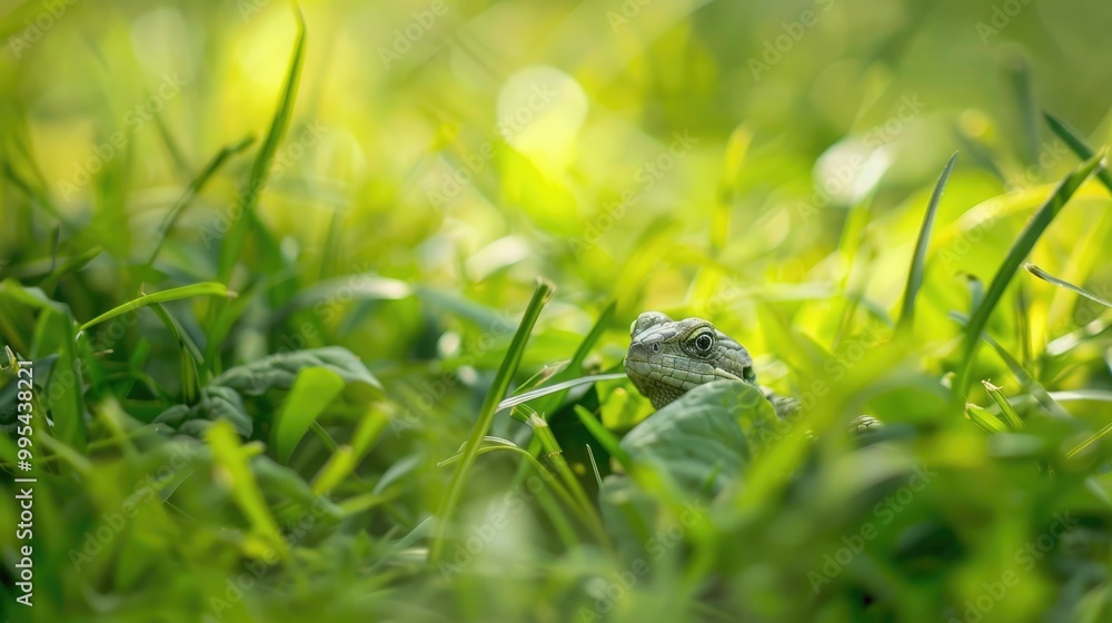 Wall mural tiny camouflaged reptile among the grass