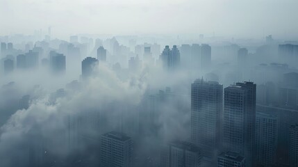 The urban area appears blurry and filled with smoke