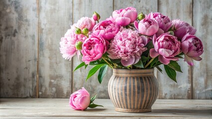 Obraz premium Lush striped pink peony bouquets in stoneware vase, perfect for floral interior decor, garden inspiration