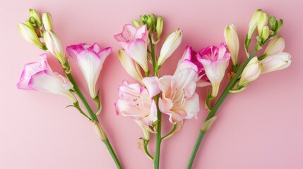 Fototapeta premium Freesia blooms on pink backdrop