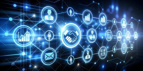 Fototapeta premium 3D Glowing Abstract Acquisition Art: Futuristic Digital Network Symbols for Corporate Mergers, Perfect for Business Marketing Campaigns