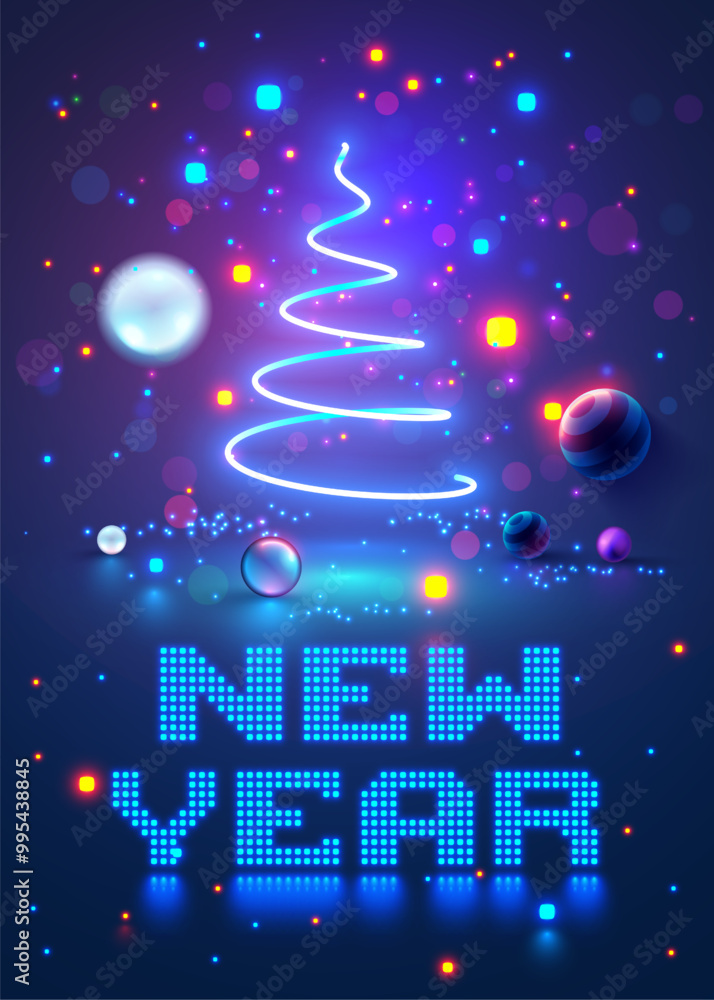 Poster Christmas tree on Christmas poster in computer technology style. Pixels words New year. Merry christmas and New Year congratulations card in computer tech design. Digital New year vertical card.
