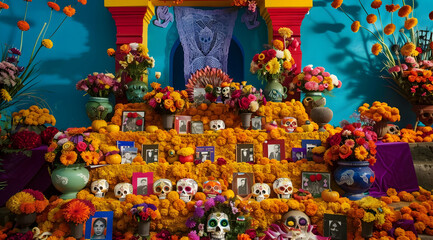 Naklejka premium Colorful Day of the Dead Altar with Skulls and Flowers - Illustration
