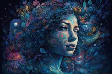 A cosmic portrait of a woman with vibrant colors and swirling patterns.