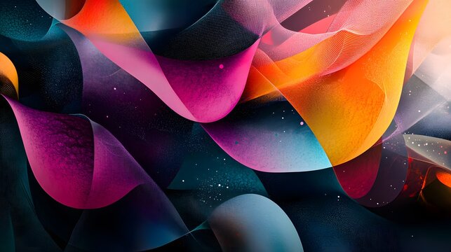 Otherworldly abstract design with vibrant organic shapes and sharp geometric patterns in a modern color scheme