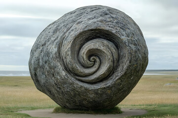 Ancient stone circle with a textured rock spiral design nestled in nature on a hill