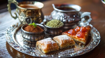 Eastern desserts like baklava and Turkish delights paired with coffee