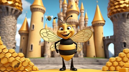 Queenie the Diva poses in front of a golden honeycomb castle. 