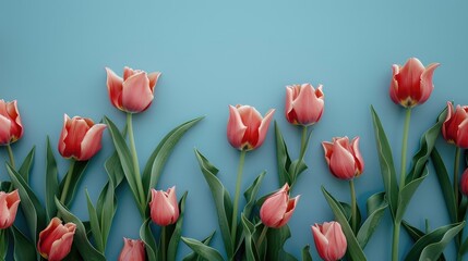 Obraz premium Top view of tulips against a blue backdrop