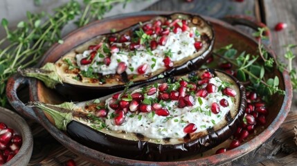 Grilled eggplants with yogurt sauce pomegranate seeds and thyme A healthy Mediterranean vegetarian dish
