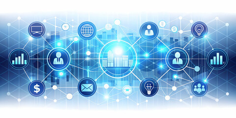 Obraz premium �Flat Glowing Abstract Background with Merging Data Icons & Acquisition Symbols for Modern Business Marketing�