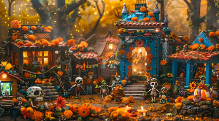 Fototapeta premium Day of the Dead Miniature Village Illustration