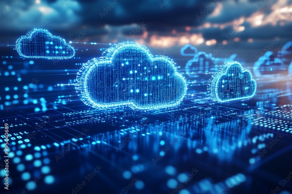 Poster blue glowing cloud network floating in a digital landscape symbolizing cloud storage virtual connect