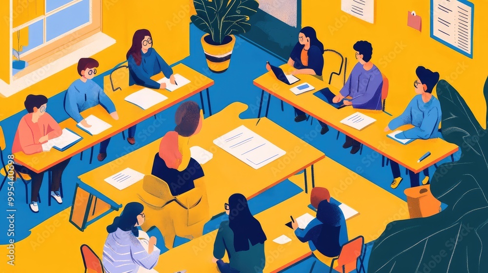 Poster a language class with students practicing conversation in a vibrant setting