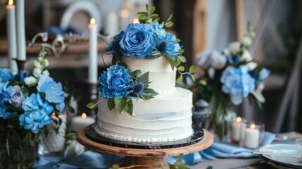 The cake for the wedding with blue flowers is placed on the table