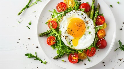 Healthy meal with egg cherry tomatoes mixed salad and asparagus on white plate against white background