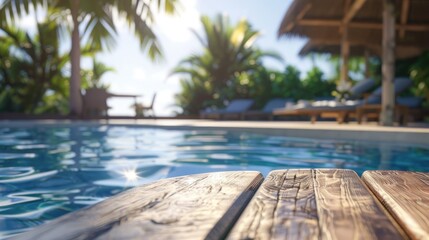 Obraz premium Table top and pool at a resort in summer for showcasing products