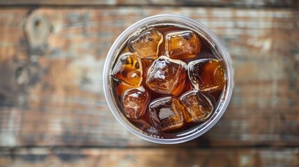 Top view of iced Americano or black coffee with honey on wooden background in plastic cup Close up shot with soft focus emphasizing food concept