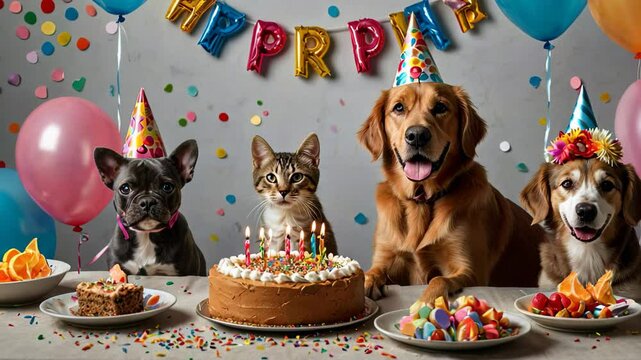 Adorable Pets Celebrating Birthday with Party Hats and Cake