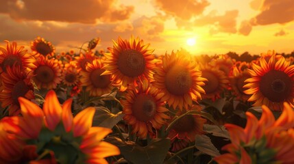 Sunflowers in a field at sunrise
