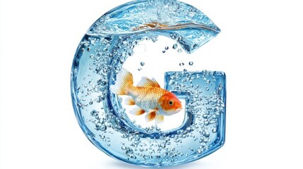 artistic representation showcases a glass letter G, intricately designed with water and vibrant fish inside, offering a unique aquarium experience