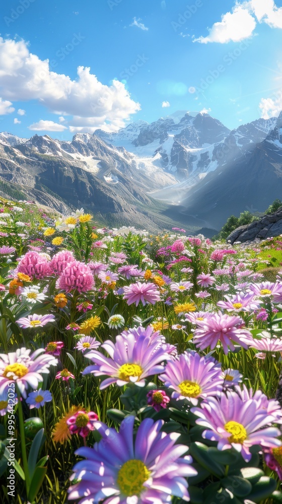 Aufkleber a field of flowers with mountains in the background