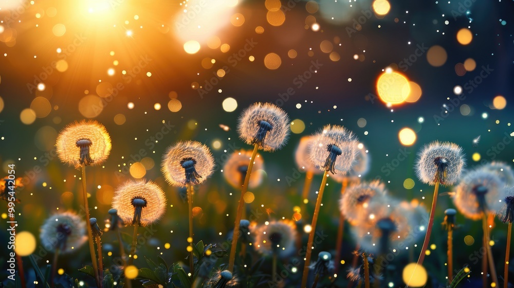Poster field of dandelions with abstract glowing lights in the background