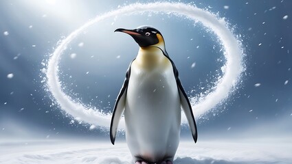 Fototapeta premium This striking photograph captures the dramatic and serene beauty of a penguin standing amidst a heavy snowstorm.