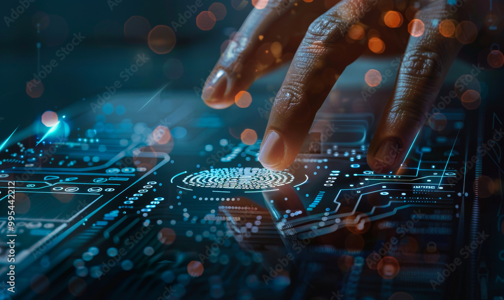 Poster businessman using biometric fingerprint scanner for secure data encryption and mobile app access - n