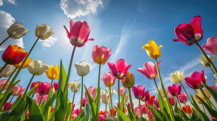 Fototapeta premium Field of colorful tulips reaching to the sky