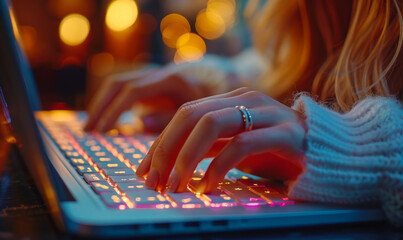 Businesswoman typing on laptop keyboard, surfing internet, searching online, remote work, global network connectivity