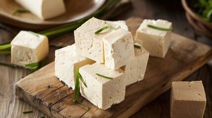 Tofu sliced on a wooden board