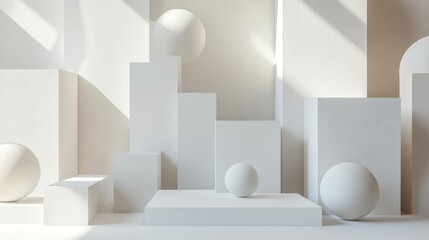 Clean white geometric shapes arranged in a balanced composition with smooth edges and soft shadows, creating a sleek, minimalist design, simple layout for a modern style