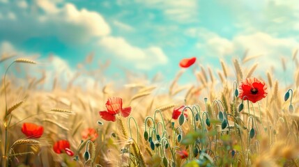 Naklejka premium Field of wheat and poppies Natural landscape view
