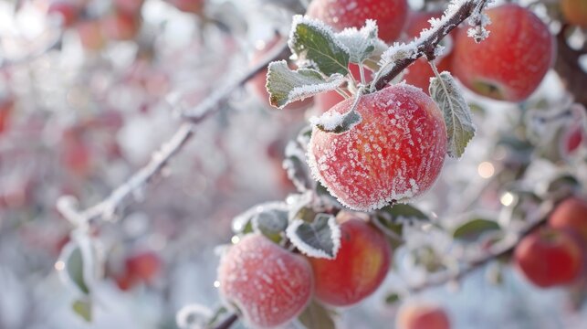 Hoarfrost covered apple tree with blurred backdrop