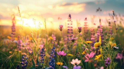 Summer field blooms with colorful wildflowers