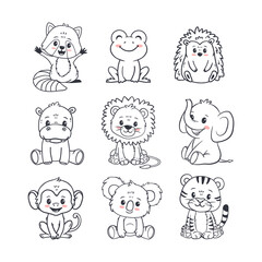 Set of cartoon cute animals including lion, tiger, hippopotamus, monkey, hedgehog, koala, raccoon, frog and elephant. Jungle and forest animals for magazines, postcards.