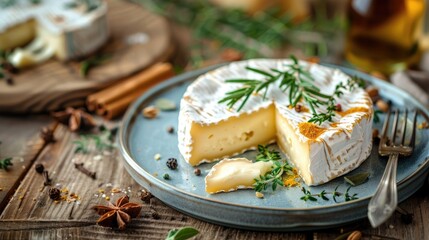 Tasting Camembert Cheese on Blue Plate with Herbs and Spices on Vintage Background