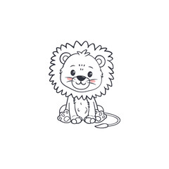 Cute cartoon lion. Wild adorable character. Lovely mammal sitting isolated. Animal in doodle style. 