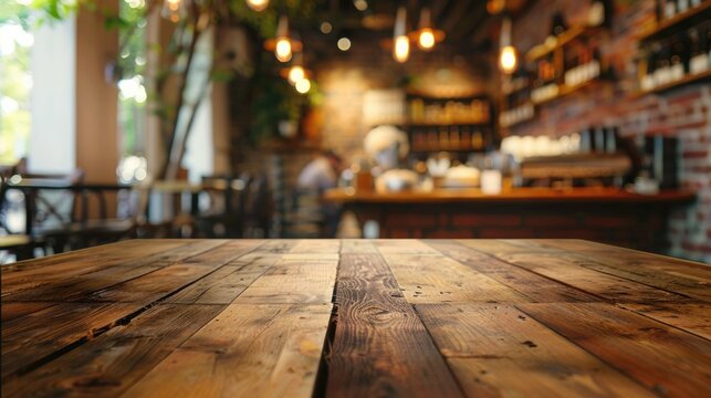 Empty brown wooden table with blurred background in coffee and bakery shop concept