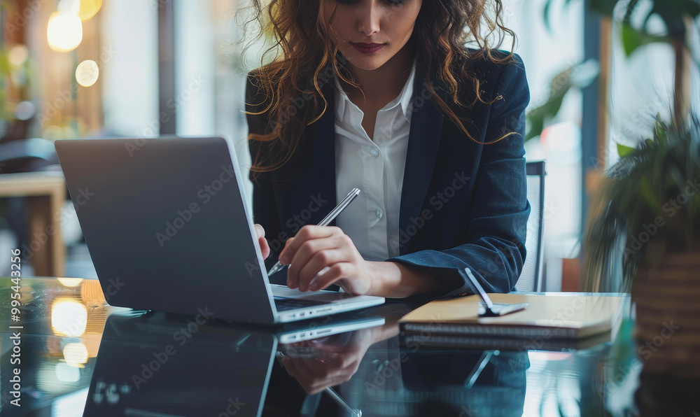 Poster middle-aged professional businesswoman manager using laptop tablet planning project in open space mo