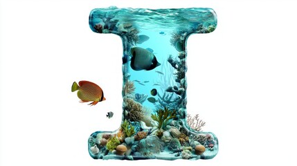 Fototapeta premium artistic representation showcases the letter I, designed as a clear aquarium filled with colorful fish and marine life, set against a bright white background.