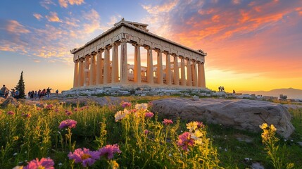 Obraz premium The Parthenon at sunset glows with vibrant colors, surrounded by nature and awestruck tourists.